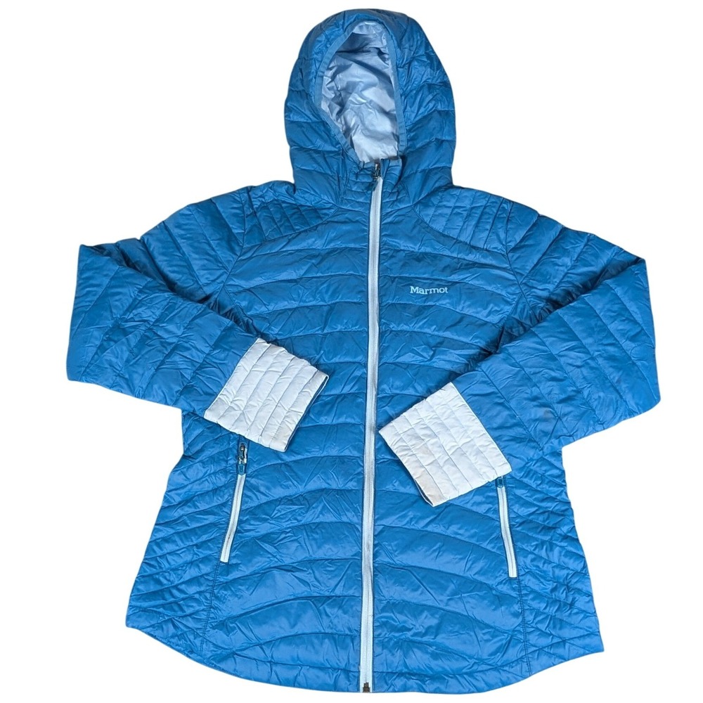 Marmot Puffer Jacket Womens Large Blue Hooded Quilted Full Zip Excellent